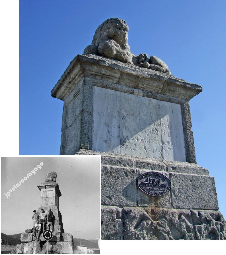 Cartela restaurada y montañeros en el monumento.