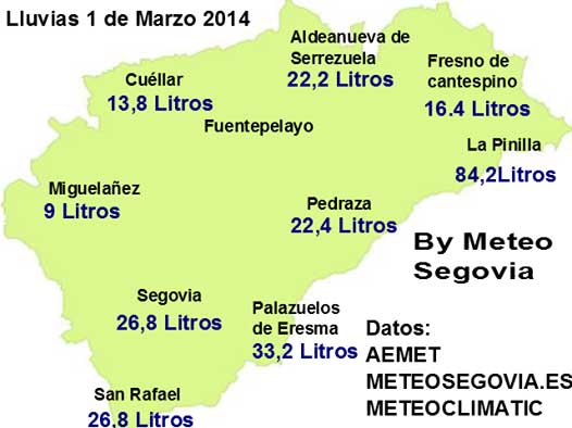 Mapa de precipitaciones 1 de marzo. Fuente www.meteosegovia.es. Adrián Escobar.