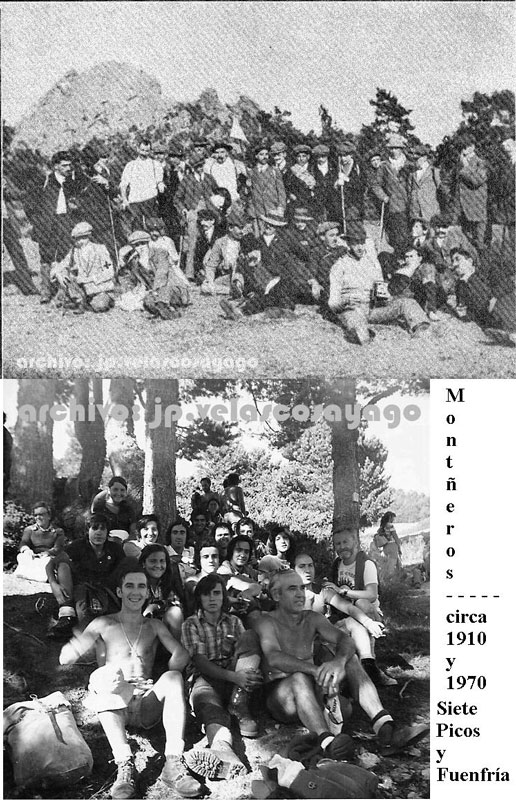 Montañeros en Siete Picos y la Fuenfría: Grupo alpino de la Unión Deportiva del Crédito Lyones circa 1910 y Marcha del GRUMBE circa 1970.