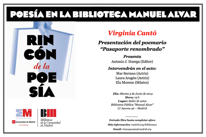 Invitación presentación libro de Virginia Cantó.