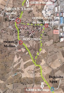 Caminos entrada GR88 Hontoria. Mapa satélite Google.