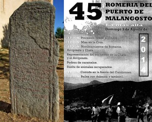 Monolito en recuerdo del Arcipreste de Hita en Sotosalbos y cartel de la 45 romería de 'Malangosto'.