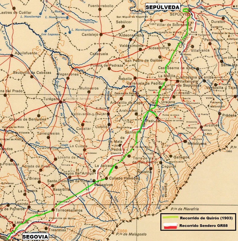 Mapa recorrido Quirós en 1903 y recorrido del sendero GR88.
