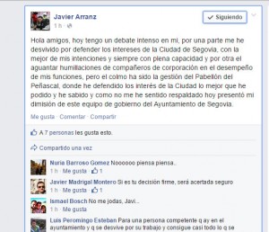 Pantallazo del FB de Arranz donde anuncia que se va. (clicar para ampliar)