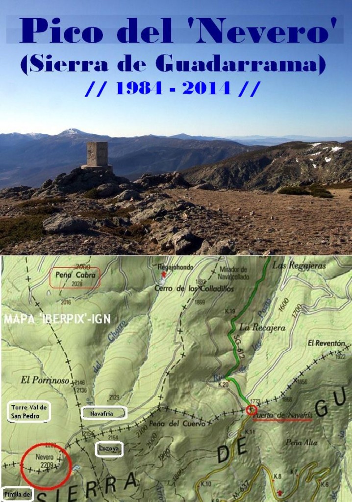 Pico del 'Nevero', Sierra de Guadarrama, al fondo Peñalara (nevado) y mapa de situación (IBERPIX-IGN).