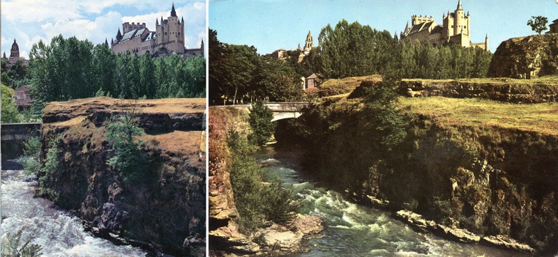 Tarjetas postales ilustradas, ca. 1960, rápidos del río Eresma en Segovia capital.