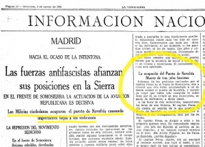 Recorte del periódico ‘La Vanguardia’ de agosto de 1936. con información de la toma de posiciones, en el puerto de Navafría, por tropas de la República.