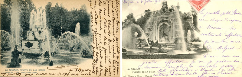 La Granja, fuente de las Ranas y de Diana, fototipia ‘Hauser y Menet’, postales circuladas en 1902 y 1908.