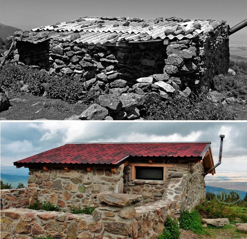 Exterior del refugio de la ‘Majada Aránguez’ o ‘cabaña del Pastor’; antes y después de su acondicionamiento.