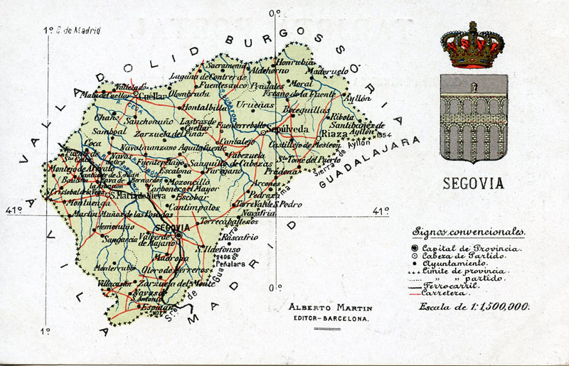 Tarjeta postal, con el mapa de la provincia de Segovia, editada por Alberto Marín, de Barcelona.