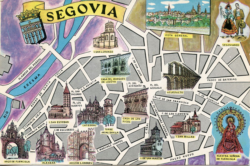 Tarjeta postal ilustrada con los principales monumentos de la ciudad de Segovia.