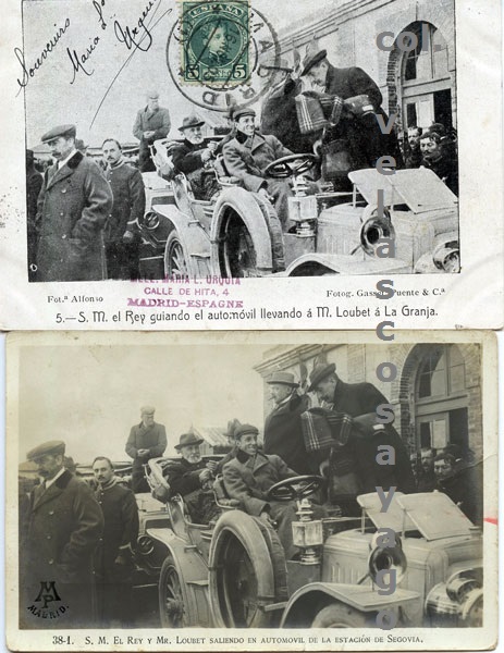 El rey Alfonso XIII y el presidente Loubet saliendo de la Estación de La Losa-Navas de Riofrío hacia el recinto del palacio de Riofrío, 1905.