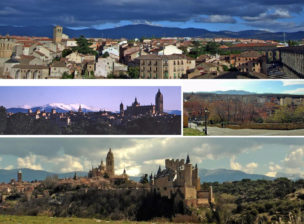 Perfiles de la ciudad de Segovia con la Sierra de Guadarrama de fondo.