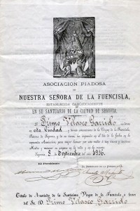 Título de cofrade de la Virgen de la Fuencisla, 1916.