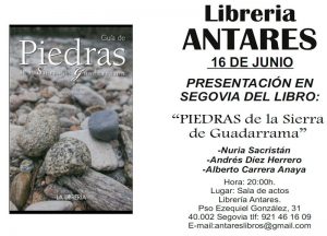 Cartel presentación ‘Piedras en la Sierra de Guadarrama’ en la librería ‘Antares’.