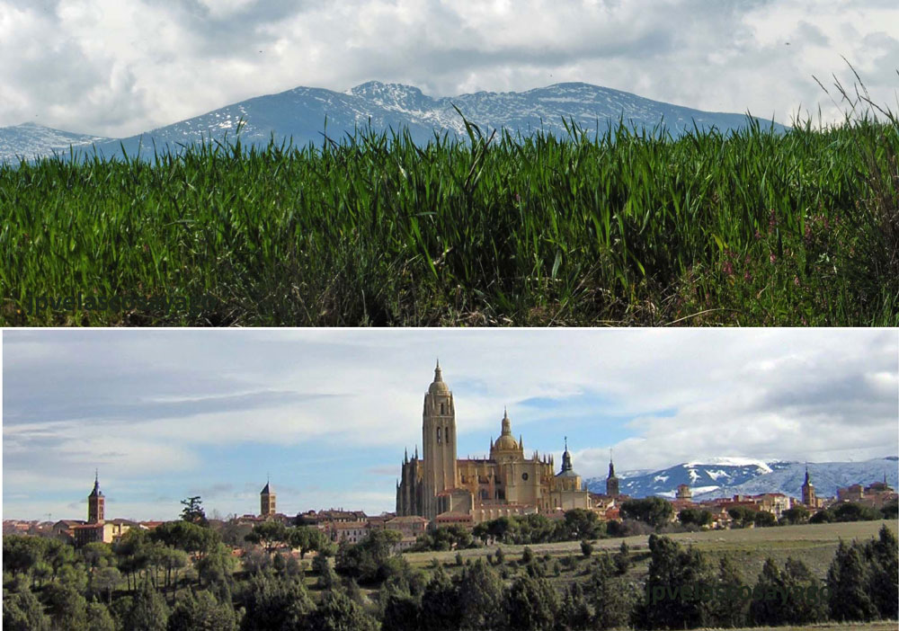 Macizo de la Mujer Muerta tras los campos de cultivo y perfil de Segovia desde el Pinarillo.