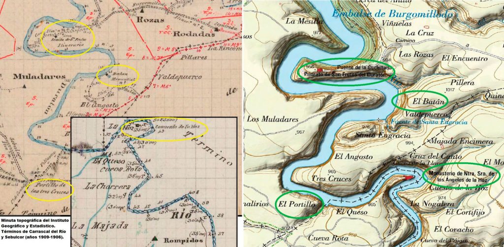 Minuta topográfica del Instituto Geográfico y Estadístico, 1906 y1909; y mapa Iberpix-IGN 2016.