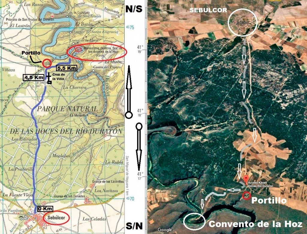 Itinerario desde Sebulcor al convento de la Hoz, mapa IGN.